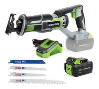 Scie Sabre sans Fil 20V WORKPRO, Scie Sabre a Batterie 4,0Ah, Scie Alternative sans Fil avec 4 Lames de Scie, Ideal pour Couper Bois, Metal et PVC, Batterie et Chargeur Inclus
