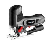 GRAPHITE Scie sauteuse 600W, nombre de courses 800-3000 tr/min, inclinaison du pied 0-45º. droite/gauche, accessoires : guide, clé spéciale, lame de scie, aspiration de poussière. Poids 1,72 kg