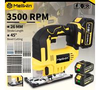Scie sauteuse électrique MELLWIN 3500 tr/min sans fil, course de 26 mm, avec 31 lames 45 ° Scie multifonction à coupe biseautée pour batterie Makita 18V 2 Battery set