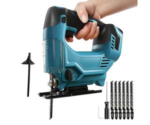 Scie sauteuse sans fil compatible avec Makita 18 V, 420 W, 3500 tr/min, scie sauteuse sans balais, outil de séparation, coupes biseautées à 45° avec 6 lames pour coupe circulaire droite (bleu)