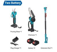 Scie télescopique pour branches de jardin - Tronçonneuse électrique sans balais - Mini-tronçonneuse de 15 cm - Sécateur de 30 mm - Perche télescopique de 2 m - 2 batteries