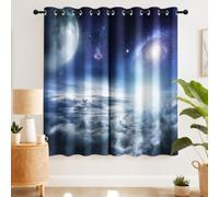 Science Fiction Espace Rideau de Porte Lune Géométrie Ciel Étoilé Terre Bleu 95%-100% Rideau Occultant Rideaux Interieur Salon Chambre d'entrée Lot de 2 Panneaux de Rideaux, 117 x 137 CM