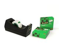 Scotch Dévidoir de Bureau C38, Noir + Magic Tape, 3 Rouleaux, 19 mm x 33 m | Dévidoir Rechargeable pour la Maison et le Bureau avec Ruban Adhésif Universel pour Réparer Documents, Étiqueter et Sceller