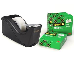 Scotch Dévidoir de Ruban C60, Noir + Magic Tape, 4 Rouleaux, 19 mm x 33 m | Dévidoir Rechargeable pour la Maison et le Bureau avec Ruban Adhésif Universel pour Réparer Documents, Étiqueter et Sceller