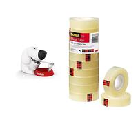 Scotch, Dévidoir, Petit Dévidoir de Ruban Adhésif en Forme de Chien, Taille 19 mm x 33 mm, Blanc avec Base Rouge & Ruban Adhésif Transparent 508-10 Rouleaux - 15mm x 33m