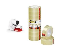 Scotch, Dévidoir Scotch, Petit Dévidoir de Ruban Adhésif en Forme de Chien, Taille 19 mm x 33 mm, Blanc avec Base Rouge & Ruban Adhésif Transparent 550-8 Rouleaux - 19mm x 33m
