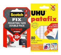 Scotch-Fix Ruban Adhésif Double Face de fixation Extrême pour Extérieur, 19 mm x 1,5 m & UHU Patafix blanche - pastilles adhésives prédécoupées, pâte à fixer, repositionnables, blanche, 80 pastilles