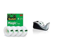 Scotch Magic Ruban Adhésif Invisible - 4 Rouleaux - 19mm x 33m & Distributeur de Ruban Adhésif - 1 Distributeur Pondéré C60 avec 1 Rouleau de Ruban magique 19mm x 38m - Argent