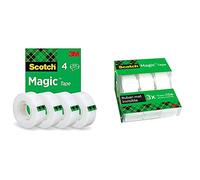 Scotch Magic Ruban Adhésif Invisible - 4 Rouleaux - 19mm x 33m & Magic Tape, Rouleaux de Ruban Adhésif Transparent avec Dévidoir, Lot de 3, Ruban de 7,5 mm x 3 mm - Idéal pour le Bureau et l'École