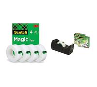 Scotch Magic Ruban Adhésif Invisible - 4 Rouleaux - 19mm x 33m - Ruban Adhésif à Usage Général pour la Réparation, l'Etiquetage & 3M Dévidoir avec 3 rouleaux de ruban adhésif Magic 19 mm x 33 m (Noir)