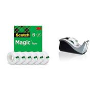 Scotch Magic Ruban Adhésif Invisible - 6 Rouleaux - 19mm x 33m & Distributeur de Ruban Adhésif - 1 Distributeur Pondéré C60 avec 1 Rouleau de Ruban magique 19mm x 38m - Argent