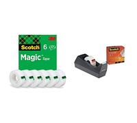 Scotch Magic Ruban Adhésif Invisible - 6 Rouleaux - 19mm x 33m - Ruban Adhésif à Usage Général & Dévidoir de ruban adhésif C38 noir + ruban Crystal, 1rouleau, 19mm x 10m
