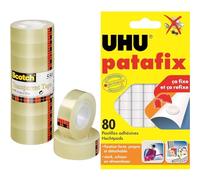 Scotch Ruban Adhésif Transparent 550-8 Rouleaux - 19mm x 33m - Transparent à Usage Général & UHU Patafix blanche - pastilles adhésives prédécoupées, pâte à fixer, repositionnables, blanche