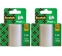 Scotch Ruban Magic - 2 Rouleaux 19 mm x 15 m + 1 GRATUIT - Ruban invisible, pour l'emballage des cadeaux de Noël, l'étiquetage des cartes et des cadeaux de Noël (Lot de 2)