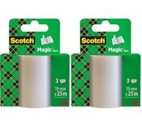Scotch Ruban Magic - 3 Rouleaux, 19 mm x 25 m - Ruban invisible, pour l'emballage des cadeaux de Noël, l'étiquetage des cartes et des cadeaux de Noël (Lot de 2)