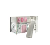 Vipack Lit mezzanine Scott 90x200cm – sommier à lattes, toboggan, rideau Birdy, 3 sacs – Blanc