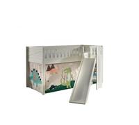VIPACK - Lit de jeu SCOTT, LF 90 x 200 cm, avec sommier à lattes, toboggan, échelle et set textile "Dino", laqué blanc