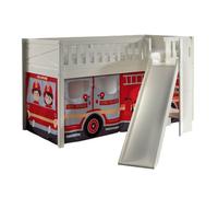 VIPACK - Lit de jeu SCOTT, LF 90 x 200 cm, avec sommier à lattes, toboggan, échelle et set textile "FIRE RESCUE", laqué blanc