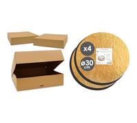 SCRAP COOKING - Lot de 2 Boites à Gâteaux - Carton Kraft Alimentaire Recyclable - 32 x 32 x 8 cm & ScrapCooking - Kit de 4 Supports à Gâteaux Ronds Ø 30 cm - Carton Réversible Doré & Noir