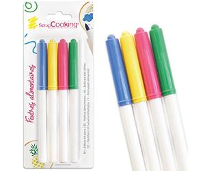ScrapCooking - 4 Feutres Alimentaires Summer - Jaune, Bleu, Vert, Rose - Crayons Pâtisserie pour Dessiner & Écrire sur Biscuits, Macarons, Gâteaux, Pâte à Sucre - Encre Comestible Décoration - 7101