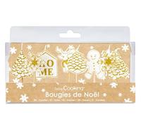 ScrapCooking - 8 Bougies de Noël Dorées - Sapins, Flocons, Pomme de Pain, Maison, Gingerman - Décoration Bûche & Cupcakes - Anniversaire Noël - Bois & Paraffine - Blanc & Or - 5062