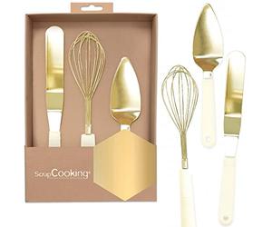 ScrapCooking - Coffret 3 Ustensiles Dorés Pâtisserie - Coffret Cadeau 3 Ustensiles Inox : Fouet, Spatule, Pelle - Coloris Or Crème - Mariage, Anniversaire - Idée Cadeau Cuisine - 1141