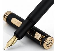 Scriveiner Stylo Plume de Luxe EDC (fin), Stylo de poche noir, Finition Plaqué or véritable, Plume dorée Schmidt, Convertisseur, Coffret cadeau écriture homme et femme, plume de bureau