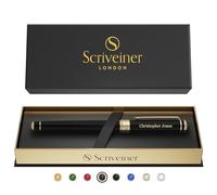 Scriveiner Stylo Rollerball Noir, laque noir jais et Plaqué or véritable, recharge Schmidt. Cadeau de luxe personnalisé avec gravure du nom, idéal pour hommes et femmes. Coffret élégant inclus.