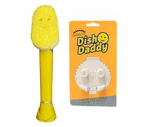 Scrub Daddy Dish Daddy Brosse Vaisselle avec Reservoir + Adaptateur, Eponge Vaisselle Grattante FlexTexture, Manche Intégré avec Distributeur Liquide Vaisselle, Brosse Eponge, Stand de Support - Jaune