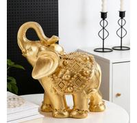 Sculpture d'éléphant dorée de luxe, statue d'éléphant attirant la richesse, décoration d'intérieur, figurine animale de style bohème moderne convenant pour le salon, le bureau, le bureau, l'étagère, d