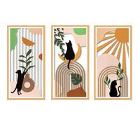 Sculptures Murales en Bois, Décor Boho Chic, 3 Pièces avec Motifs Chats, Vases, Feuilles Tropicales, Soleil et Lune