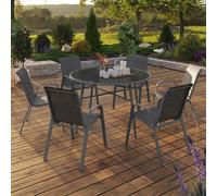 IDMarket – Salon de jardin Madrid – Table ronde 120 cm, 6 chaises empilables – Gris anthracite