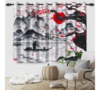 SDOTPMT 168x229cm Rideau Japonais d'encre Rouge Sakura Sunrise Hill Bateau Voile Japonais Style Vintage fenêtre Traitement Femmes Chambre à Coucher décoration Rideau occultant, 2 pièces