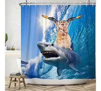 SDOTPMT 180x180cm Drôle Mignon Chat Requin Rideau de Douche Bleu Vagues Baignoire curtian été Dessin animé Enfants Rideau de Douche Salle de Bains décoration Polyester avec Crochet