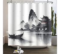 SDOTPMT 180x213cm Rideau de Douche à l'Encre Asiatique Style Japonais - Brouillard, Bateau de Montagne, Oie - Nature Extérieure - Salle de Bain - Crochet Décoratif