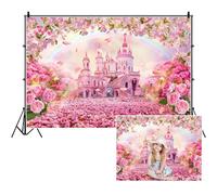 SDOTPMT 7x5ft Ceinture Château Princesse en Polyester Rose Printemps Fleurs de Cerisier pétales Arc en Ciel Bleu Rose Fond Sweet Girl Birthday Party gâteau Table bannière décoration
