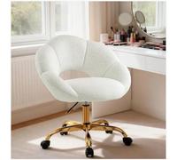 SDXYSTCE Chaise de Bureau Fille en Velours Teddy - Moderne Scandinave Chaise Coiffeuse en Dossier Pétale - Fauteuil de Lecture Pivotant et Réglable en Hauteur - Or et Blanc