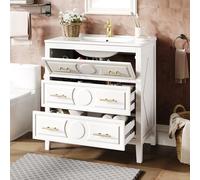 Seaforie Meuble de salle de bain 81 x 46,5 cm avec lavabo en céramique, 3 tiroirs, style rétro, avec fonction d'abaissement automatique, avec poignées en métal (blanc/modèle A)