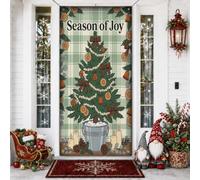 Season Of Joy Couvre-porte avec citation d'arbre de Noël 91,4 x 183 cm | Fond à carreaux, toile de fond de porte d'entrée, ornements orange séchés, seau rustique, salutation saisonnière