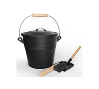 Seau à Cendres Métal 5L Noir avec Couvercle, Pelle et Balai - Hauteur 18cm