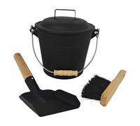 Seau à cendres Relaxdays avec couvercle, 4,5 L, pelle et balayette incluses, poignée en bois, noir/naturel