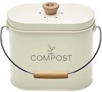 Seau à Compost 3L Ovale - Filtre Charbon Anti-Odeurs - Acier Peint Beige - Poignée Bois - Bac Compost Cuisine Compact - Design - Garantie 5 Ans - 040623