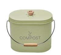 Seau à Compost 7L Ovale - Filtre Charbon Anti-Odeurs - Acier Peint Vert Sauge - Poignée Bois - Composteur Cuisine Grande Capacité - Garantie 5 Ans - 040631