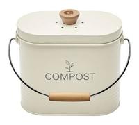 Seau à Compost 3L Ovale - Filtre Charbon Anti-Odeurs - Acier Peint Beige - Poignée Bois - Bac Compost Cuisine Compact - Design - Garantie 5 Ans - 040623