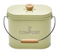 Seau à Compost 3L Ovale - Filtre Charbon Anti-Odeurs - Acier Peint Vert Sauge - Poignée Bois - Bac Compost Cuisine Compact - Composteur de Cuisine Design - Garantie 5 Ans - 040621