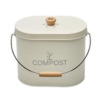 Seau à Compost Ovale - Filtre Charbon Anti-Odeurs - Acier Peint Vert Sauge - Poignée Bois - Bac Compost Cuisine Compact - Composteur de Cuisine Design - Garantie 5 Ans (Beige, 7L)