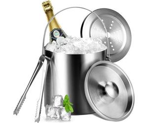 Seau à glace à double paroi de 3 litres avec couvercle hermétique, passoire et sac à glaçons, seau à glaçons, seau isotherme pour la bière, le champagne et le vin, idéal pour les pique-niques et les f