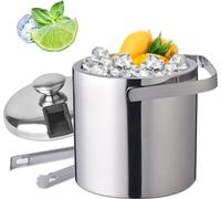 Seau à glace - Acier inoxydable 304 à double paroi - 1,3 l - Avec pince et couvercle - Ø14 × 22,5 cm - Épaisseur de paroi 1 cm - 820 g - Argent