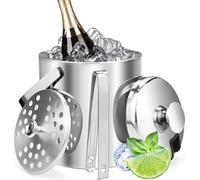 Seau à glace en acier inoxydable 1,3 L Rond Petit tonneau à bière Outil Bar Support pour crème glacée Plateau à champagne Portable Poignée Bâton à glace et couvercle