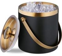 Seau à glace métallique à double paroi avec couvercle et crochet - Grand format 15 litres - Seau à glaçons métallique noir/doré - Contenu HTML requis